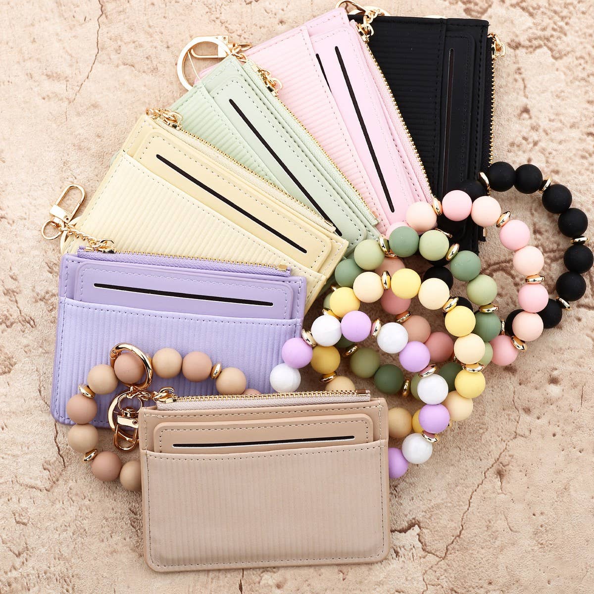 Leather ID Card Wallet with Silicone Bead Keychain_CUAB00449