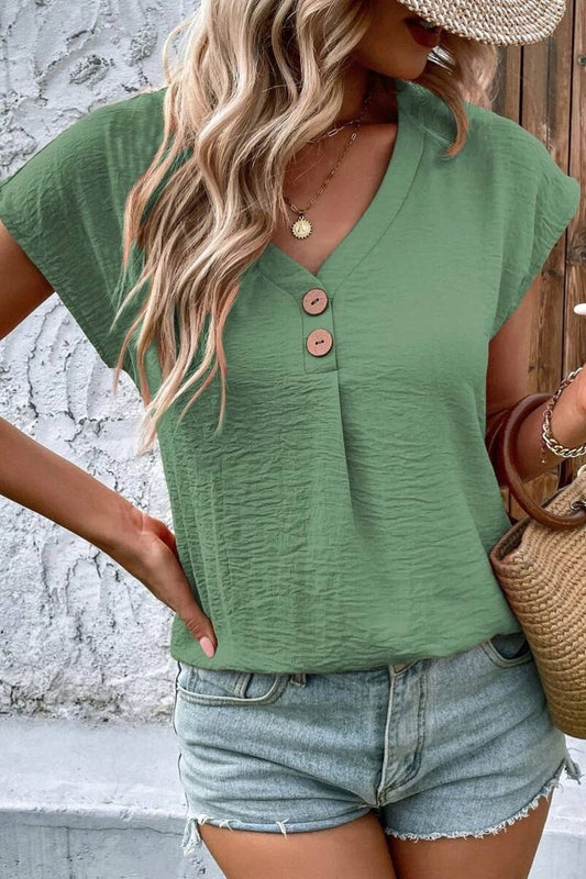 CWTBLS1132_CASUAL V-NECK BUTTON-UP SHORT-SLEEVED TOP