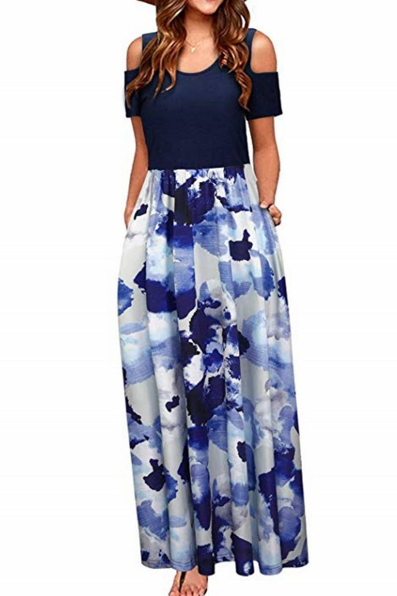 CWDMD2070_ROUND NECK FASHIONABLE SHORT SLEEVE LONG DRESS