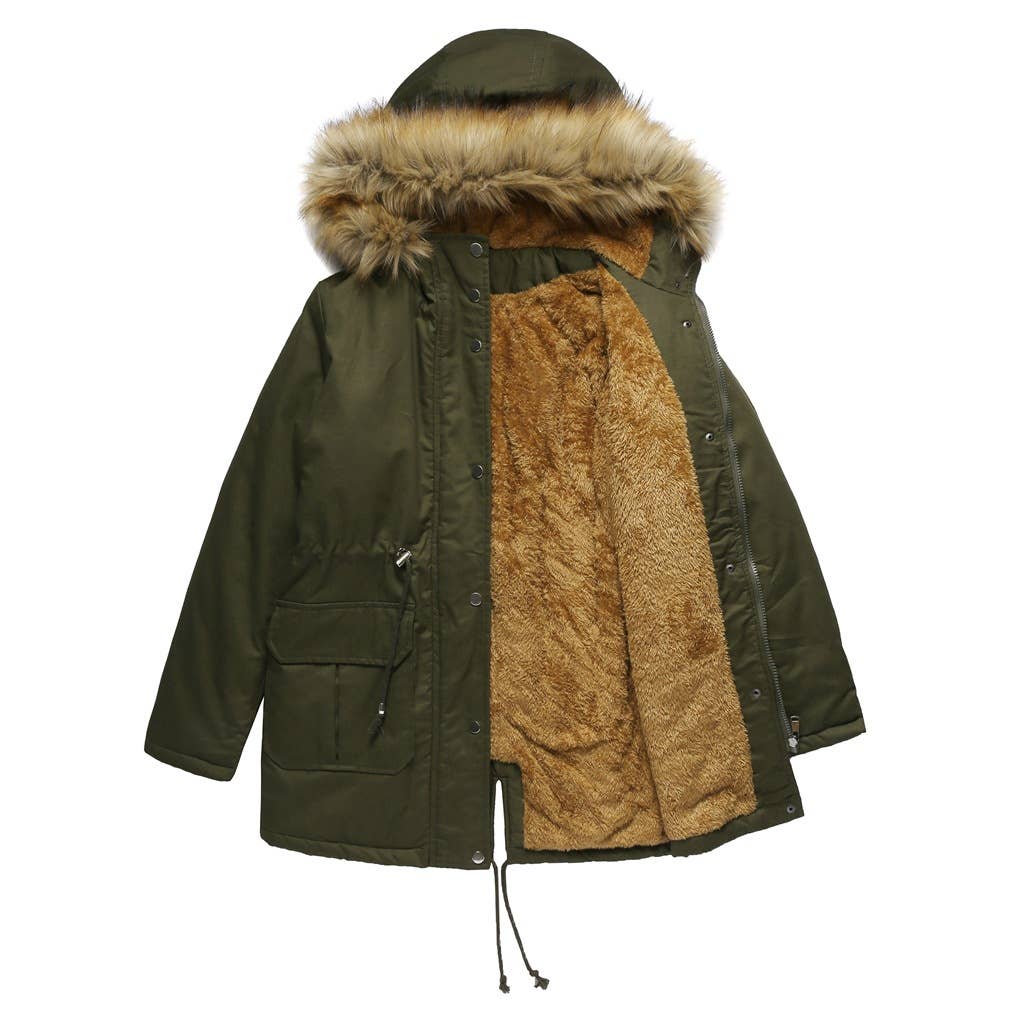 Fleece-padded jacket with hooded fur collar
