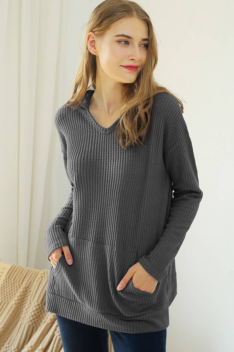 CWTTL1428_V NECK HOODIE AND POCKET PULLOVER SWEATER KNIT