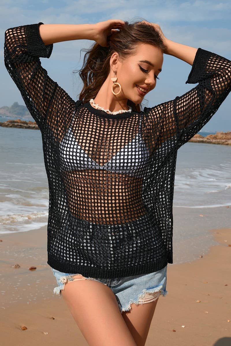 CWOSWL2078_Round Neck Long Sleeve Bikini Cover Ups