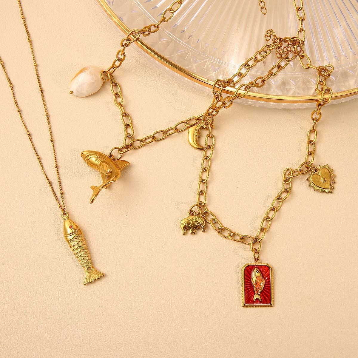 Original Steel Ocean Necklace with Fish & Dolphin_CWMM8831