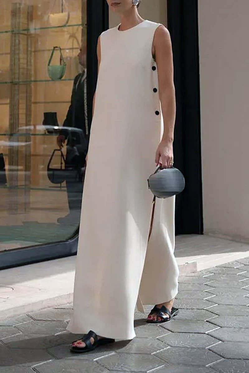 CWDMD6070_SLEEVELESS BUTTON SPLIT LOOSE CASUAL DRESS