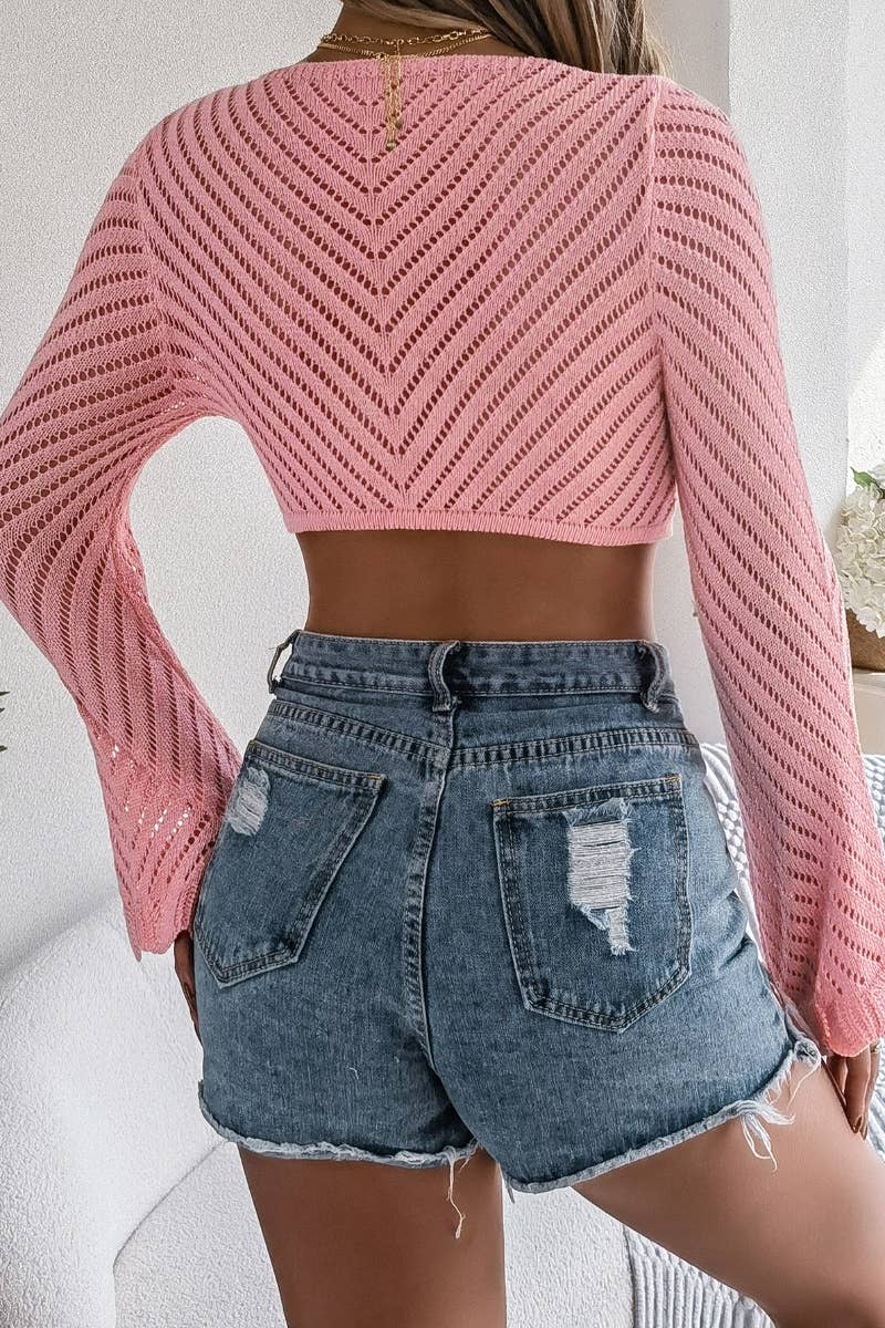 CWTBLL0966_SUMMER KNIT CUTOUT LACE-UP LONG-SLEEVED TOP