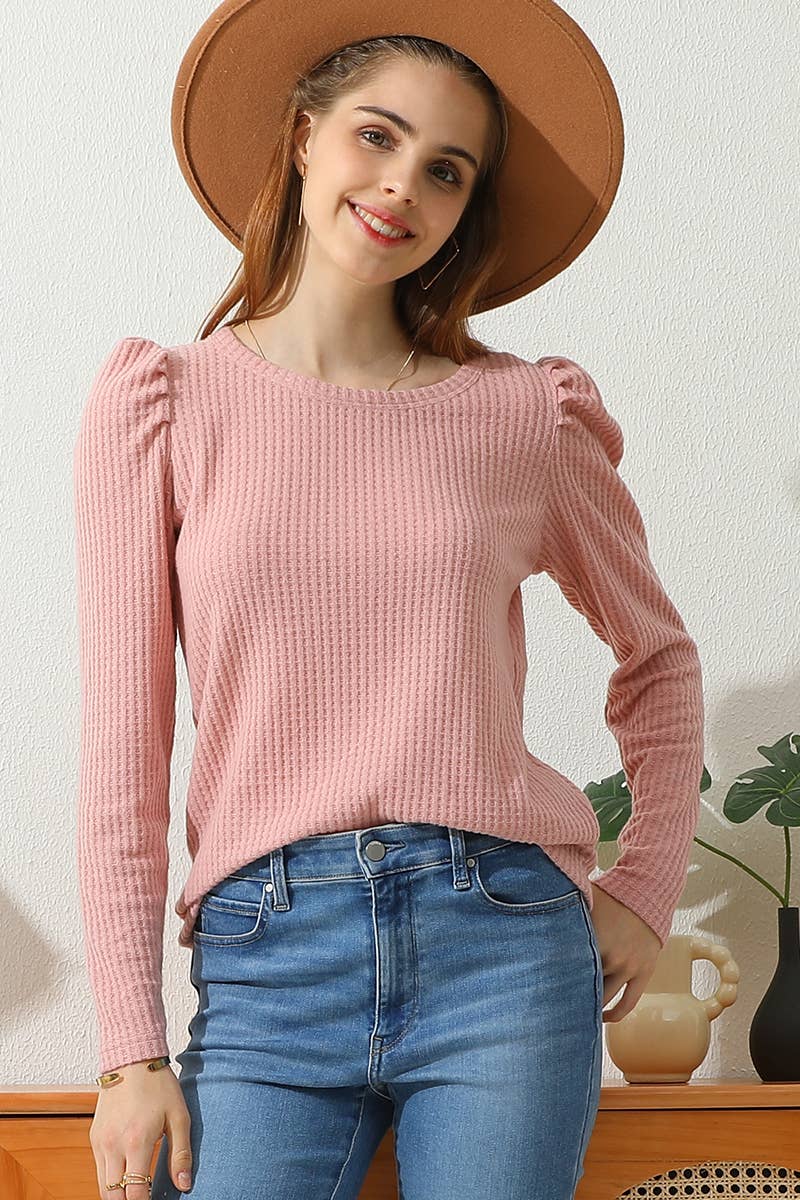 CWTTL913-P_PLUS SIZE PUFF SHIRRING SLEEVE WAFFLE KNIT TOP