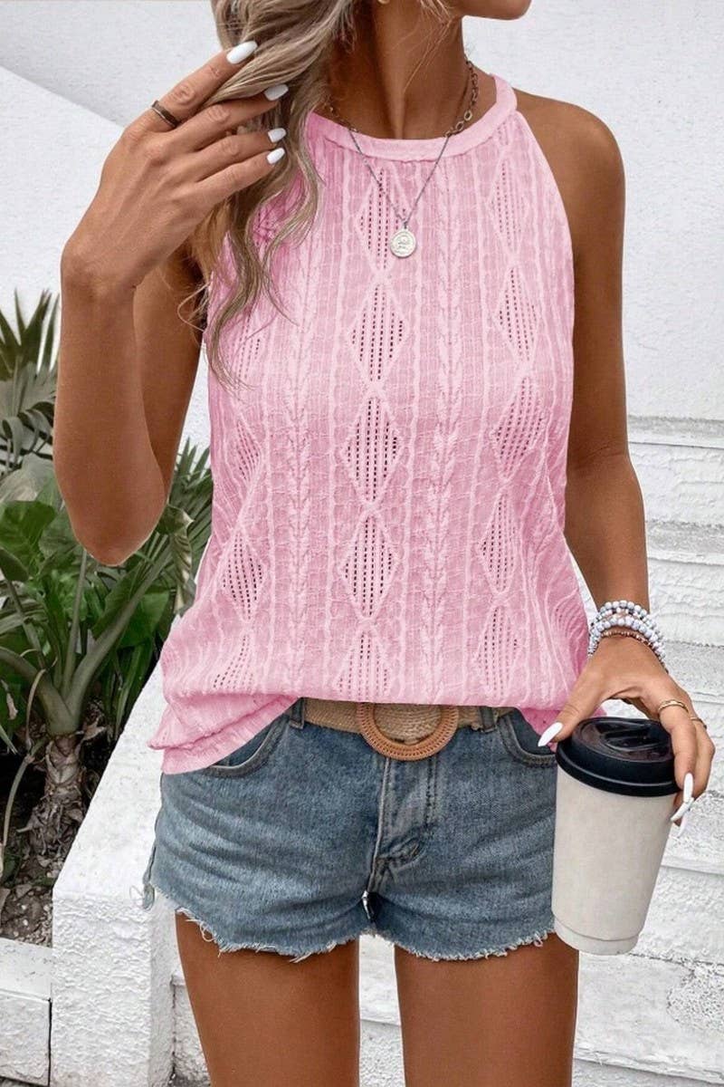 CWTTK1179_TEXTURED HOLLOW OUT HALTER NECK TANK TOP