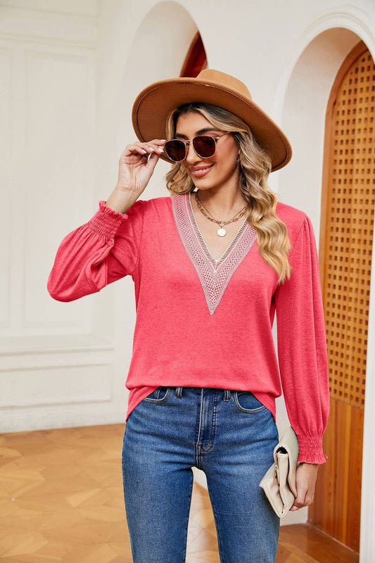 CWTBLL2396_V NECK LACE TRIM LONG SLEEVE LOOSE PULLOVER