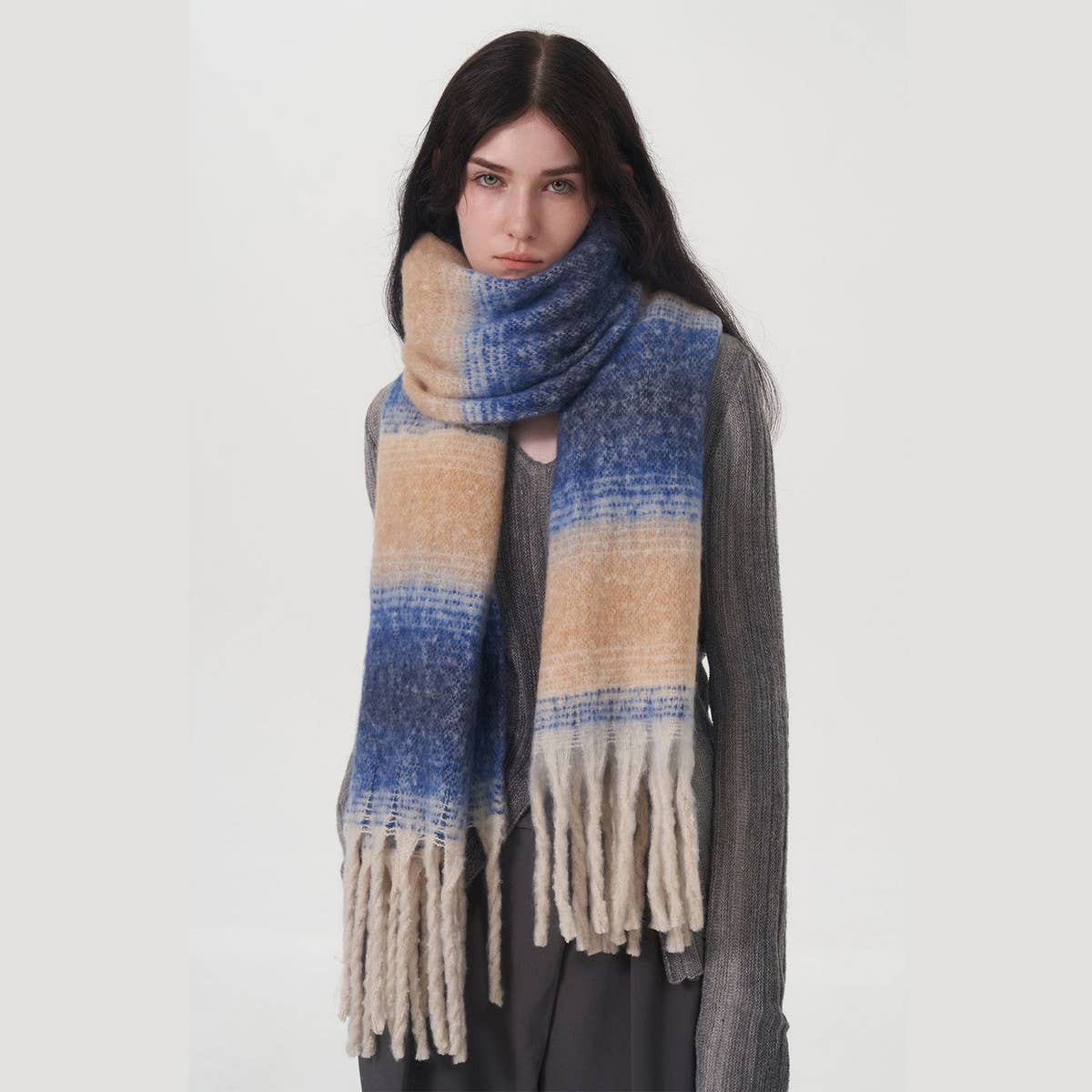 Plaid Stripe Scarf ??Wide Faux Cashmere Wrap_CWASC0333