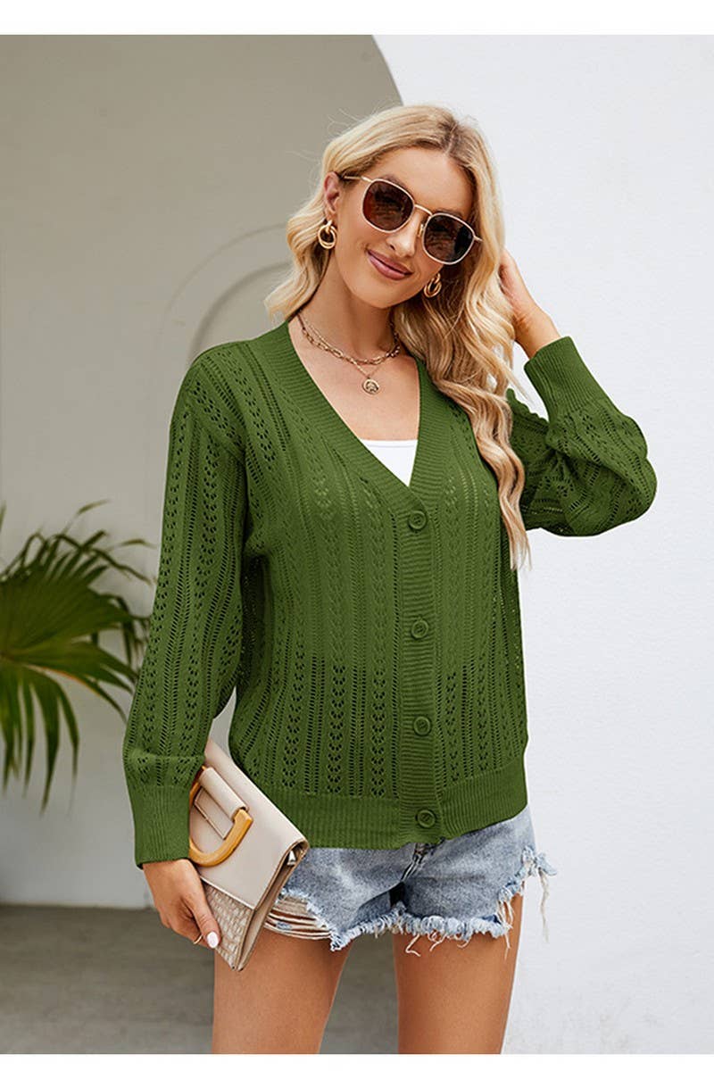 CWOCAL0775_TEMPERAMENT V-NECK HOLLOW KNITTED CARDIGAN