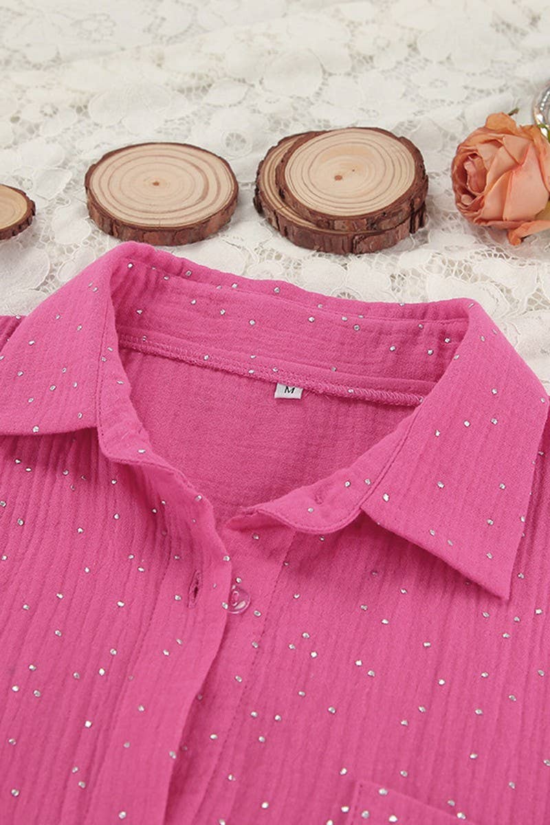 CWSPJ0383_COTTON LONG SLEEVE SHORTS RHINESTONE PAJAMA SET