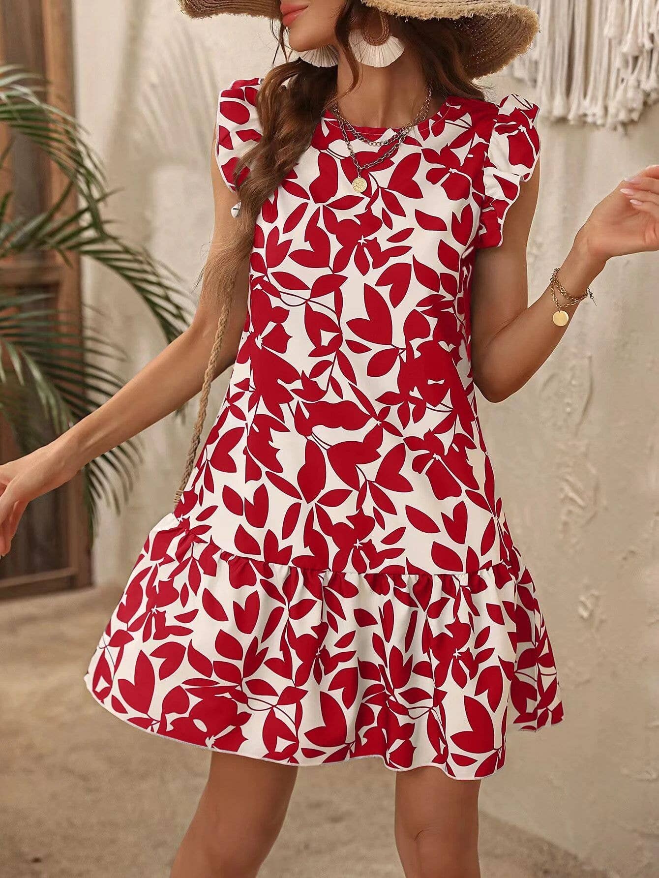 FLY-SLEEVE PRINTED RUFFLED DRESS