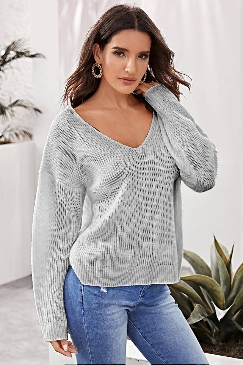 CWOSWL6250_KNIT BACKLESS V-NECK LONG-SLEEVED SWEATER