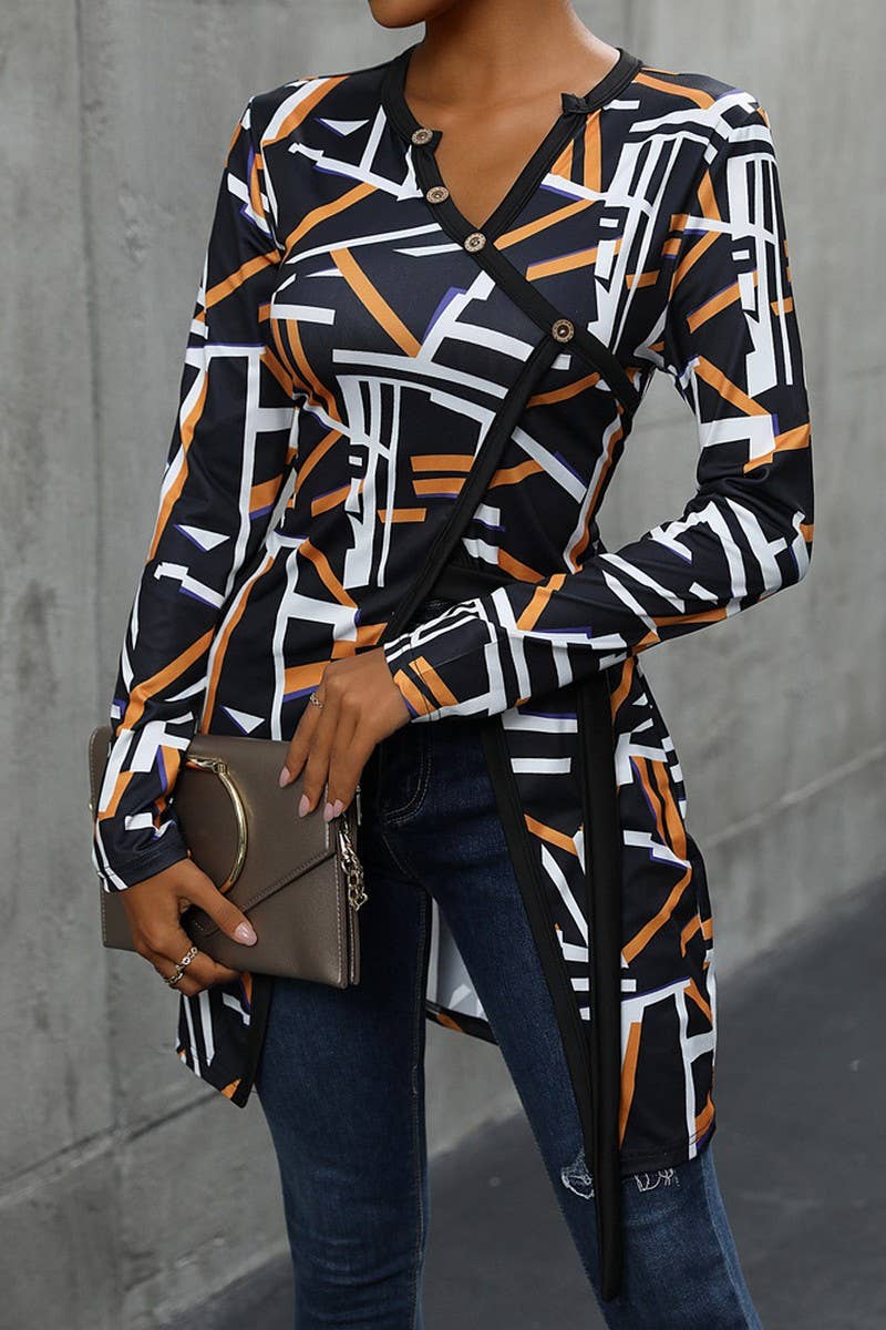 CWTTL1968_SUMMER V-NECK SLIM FIT GEOMETRIC PATTERN SLIT TOP