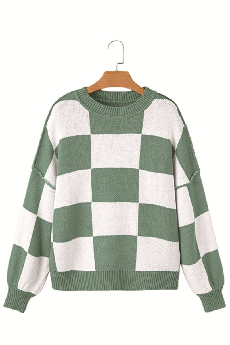 CWOSWL6673_PLAID COLOR CONTRAST LONG-SLEEVED SWEATER