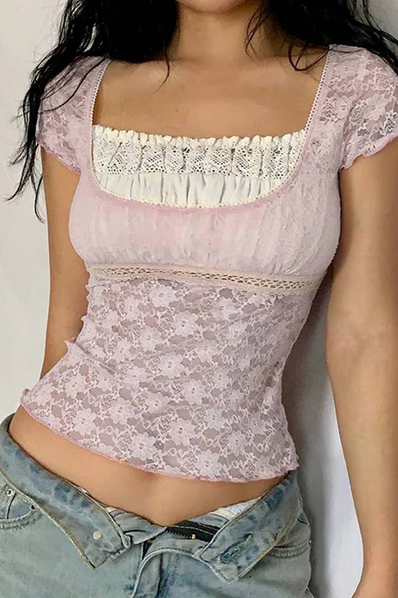 CWTBLS1595_SLIM FIT SOLID COLOR V-NECK LACE HOLLOW TOP