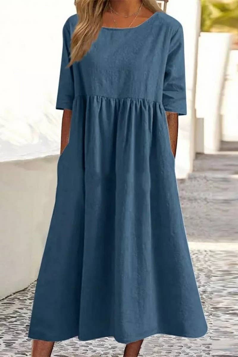 CWDMD01005_ROUND NECK SOLID COLOR COTTON AND LINEN DRESS