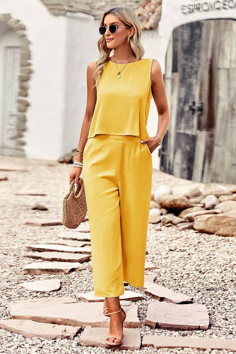 CWSTB0336_Round neck Sleeveless Long Pants Set