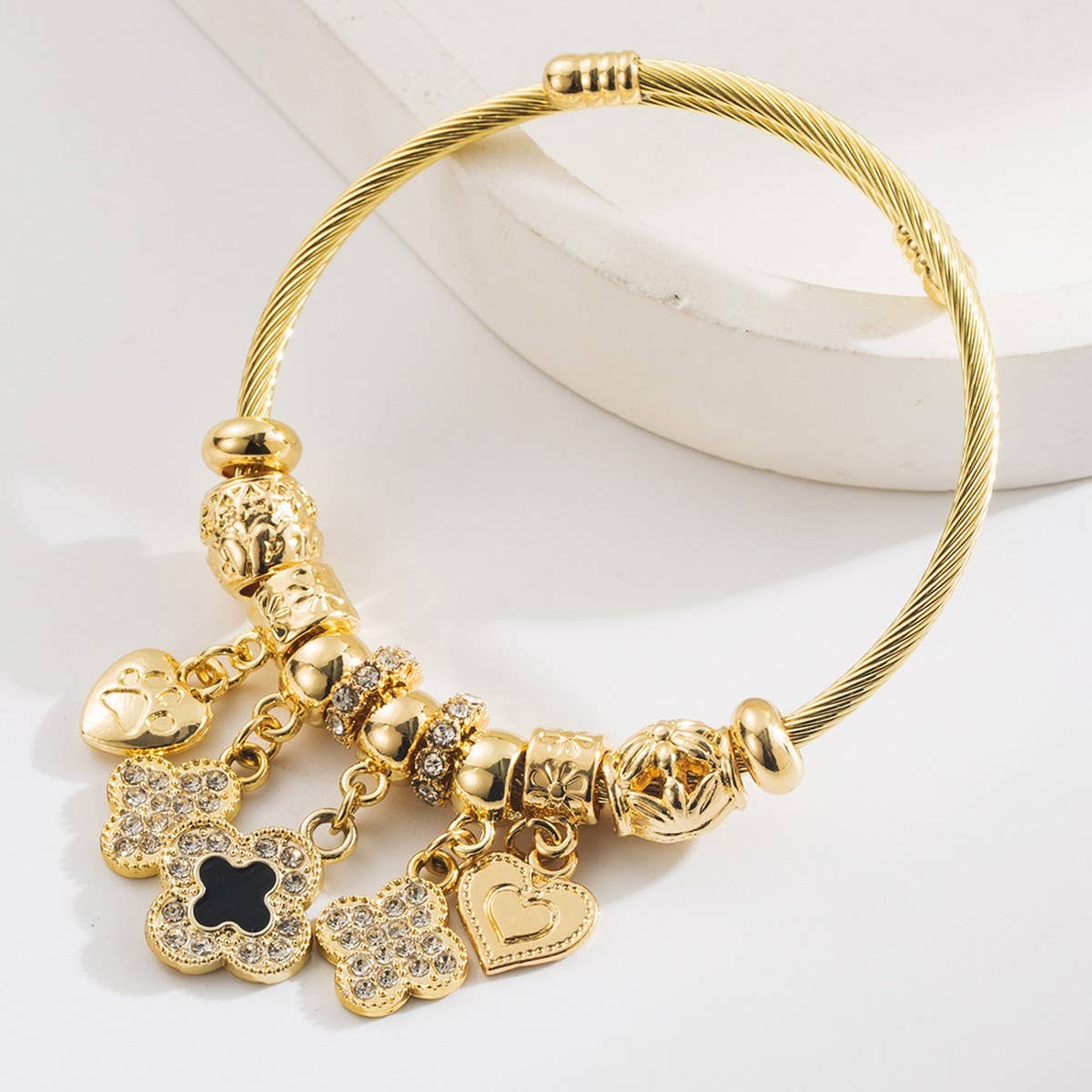Trendy Gold Clover Heart Charm Bracelet