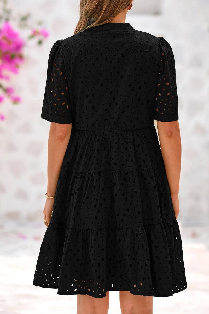 CWDSD8527_V-NECK HOLLOW LACE ELEGANT A-LINE DRESS