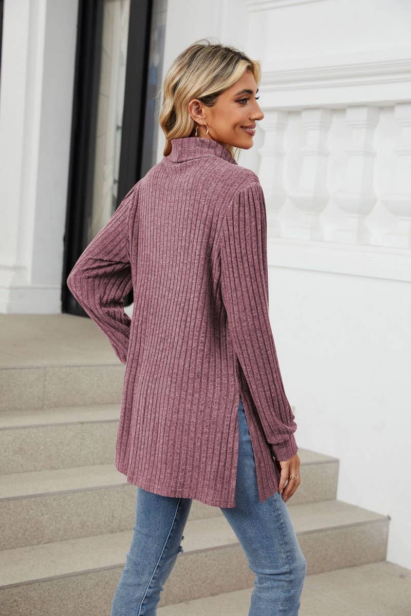 CWTBLL2363_SOLID COLOR HALF TURTLENECK SLIT POCKET TOP