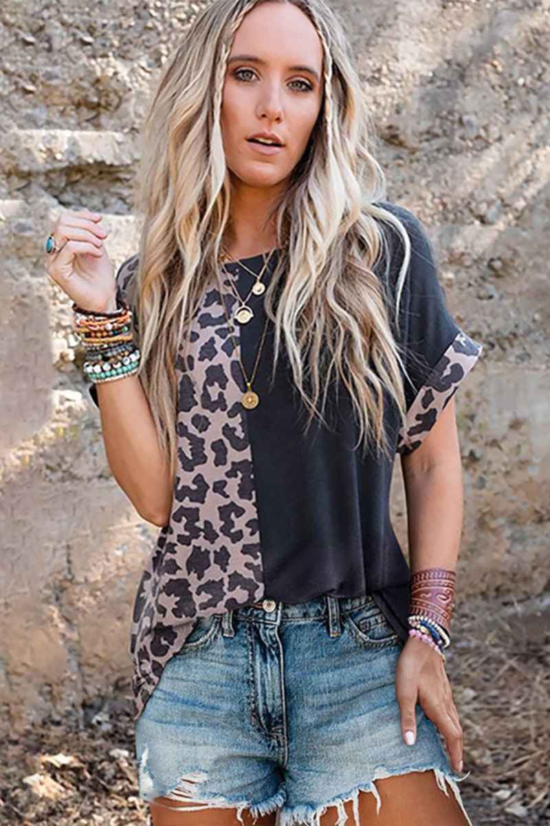 CWTBLS1324_SUMMER CREW-NECK LEOPARD PRINT SHORT-SLEEVED TOP