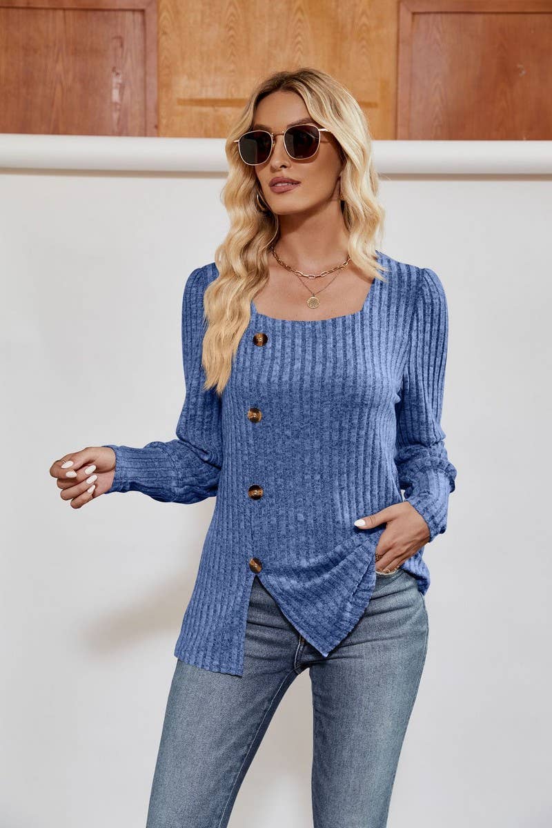 CWTBLL4014_RIBBED SQUARE NECK PUFF SLEEVE SPLIT HEM TOP