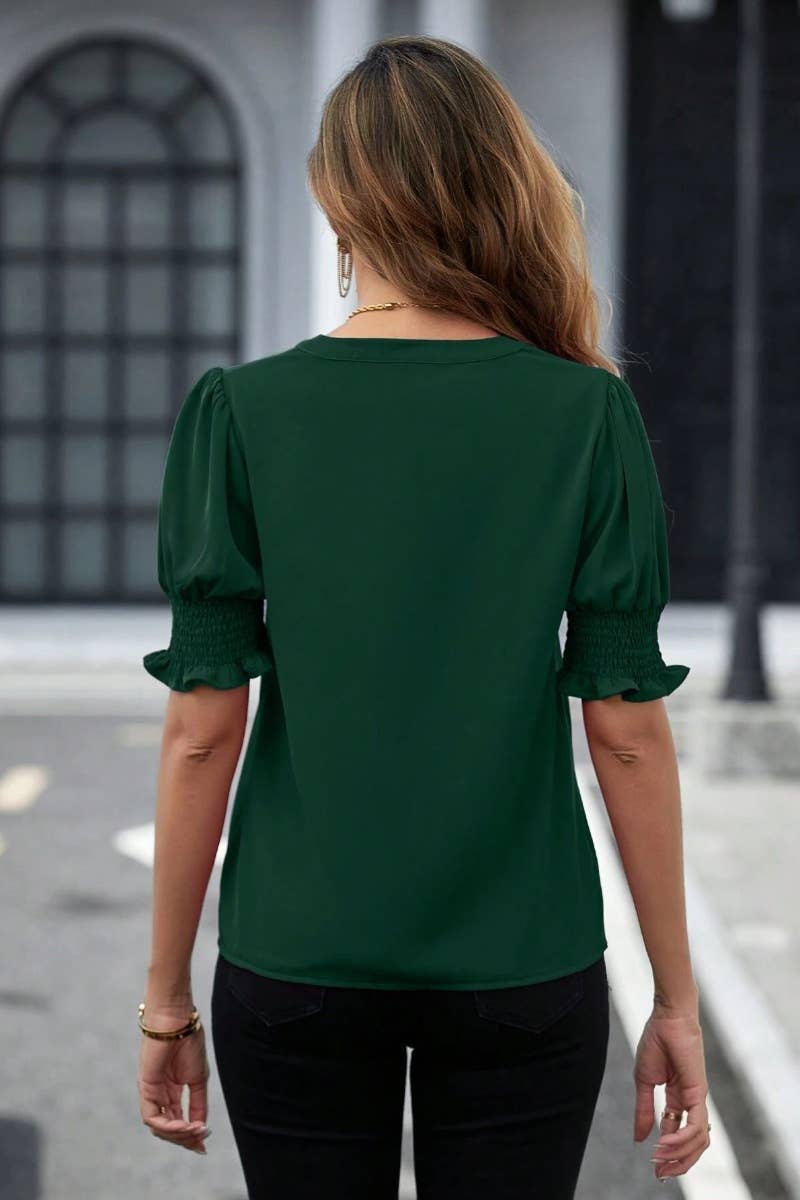 CWTSTS0461_SUMMER V-NECK SOLID COLOR SHORT-SLEEVED SHIRT TOP