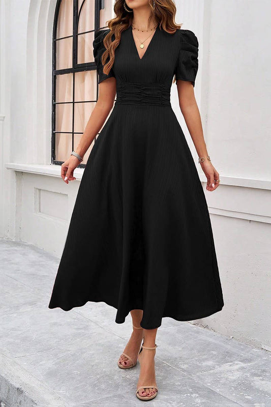 CWDMD6446_TEMPERAMENT HIGH WAIST SOLID COLOR WAIST DRESS