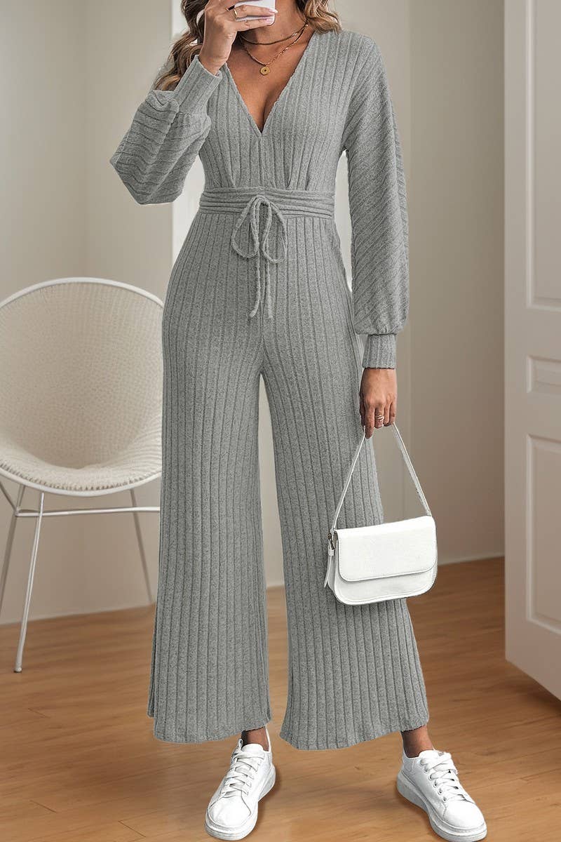 CWSJS1398_V-NECK SOLID COLOR HIGH WAIST WIDE LEG JUMPSUIT