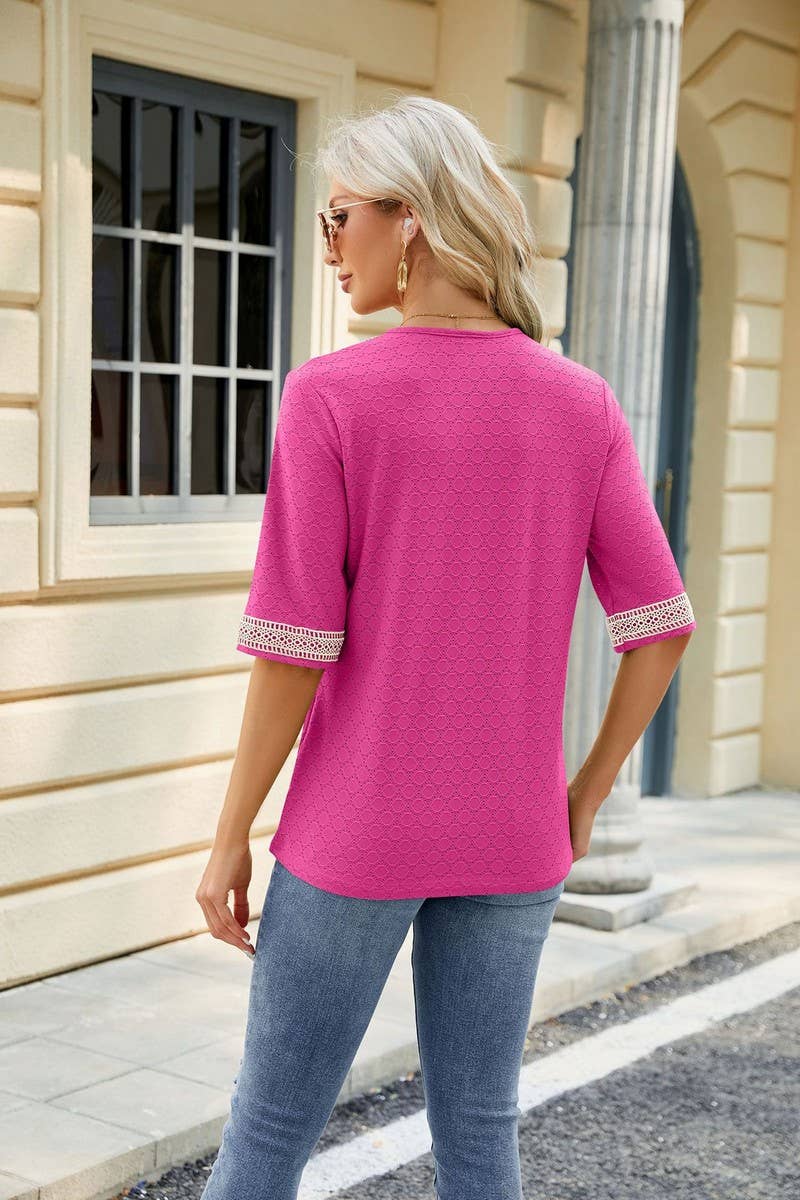 CWTTS0819_V-Neck Lace Trim Short Sleeve Knit Top