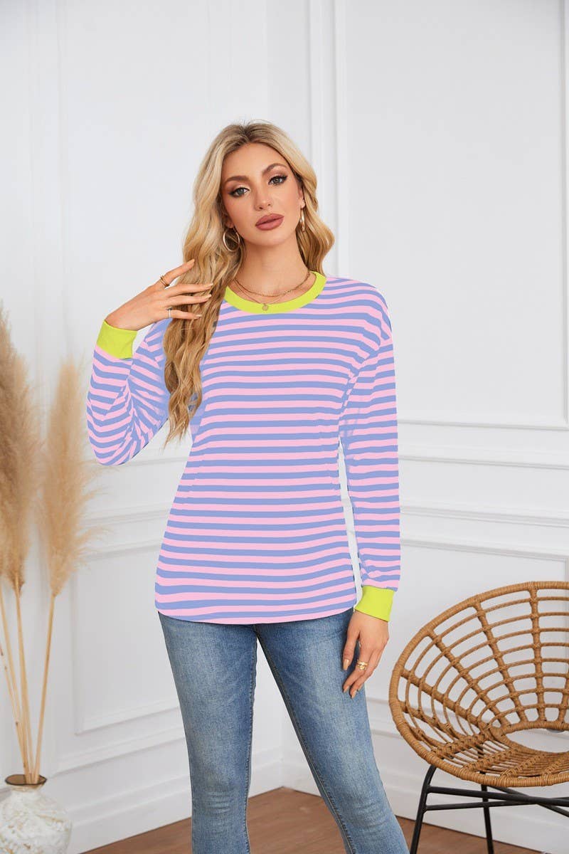 CWTBLL4109_STRIPED ROUND NECK LONG SLEEVE CASUAL TOP