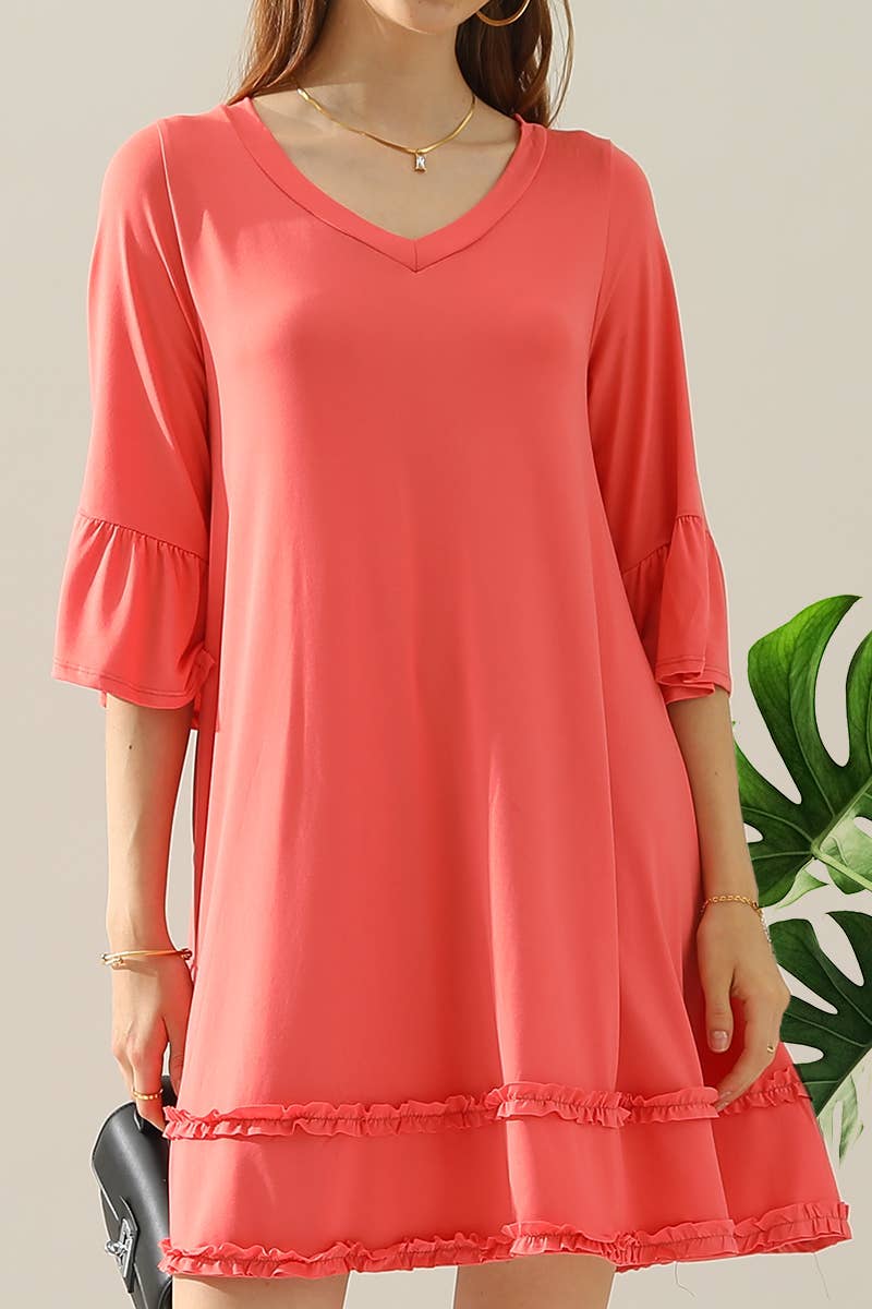 CWDSD10355_SMALL RUFFLE DETAILS 3/4 SLEEVE TIERED DRESS