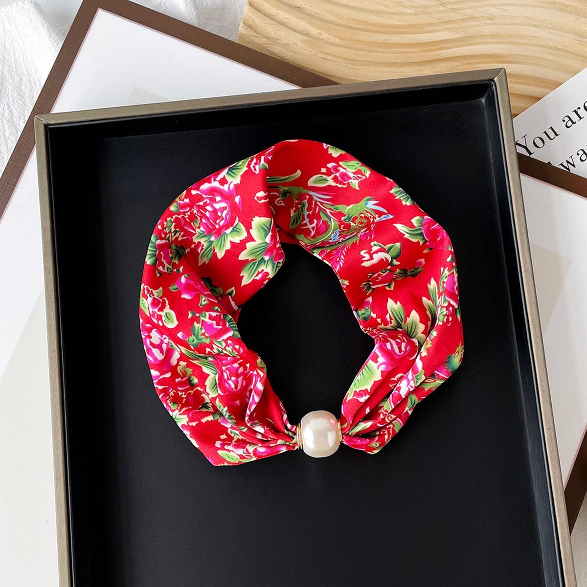 Silky Print Scarf Necklace ? Pearl Magnetic Clasp