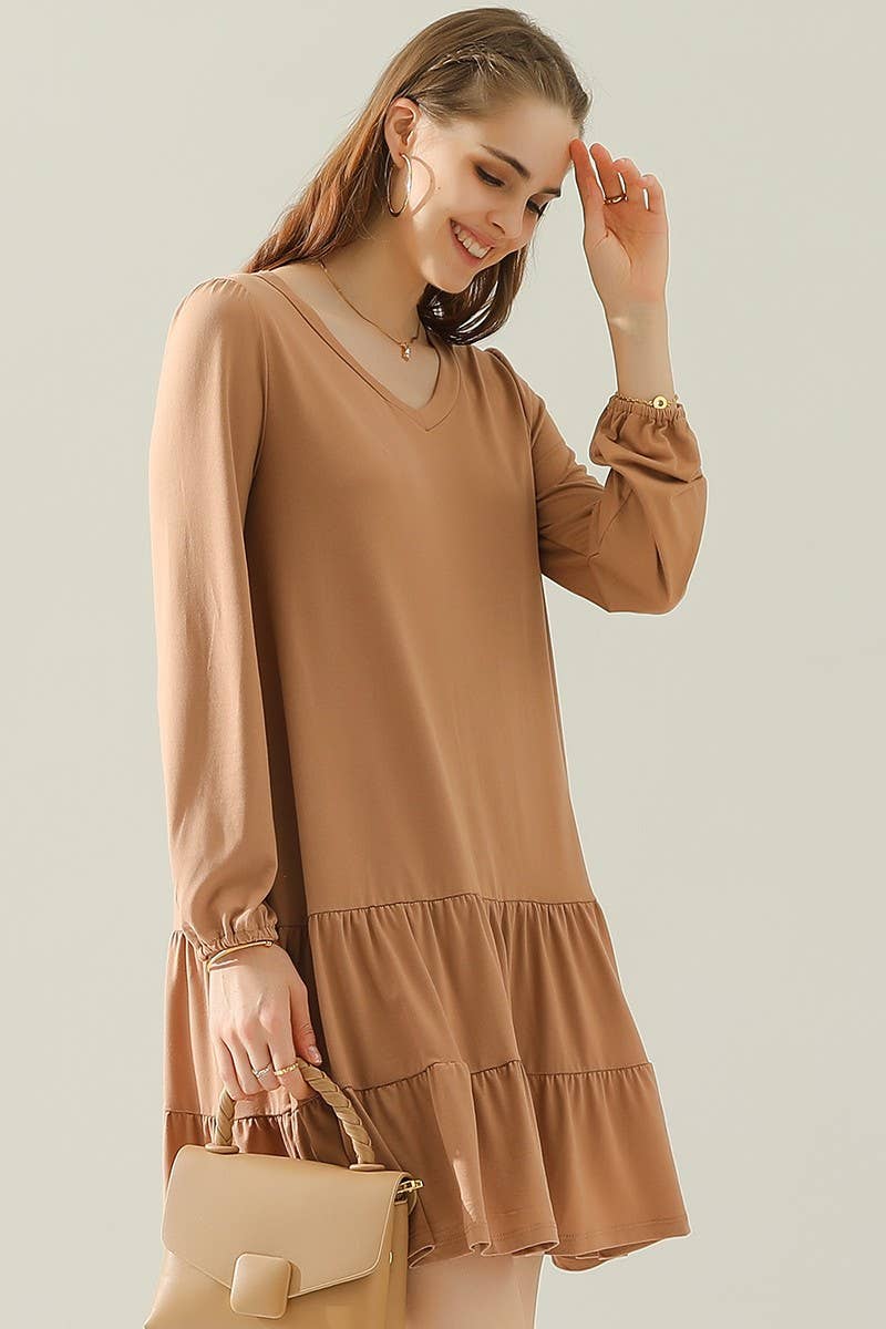 CWDSD10411_SHRRING LAYERED HEM DRESS WITH LONG SLEEVE