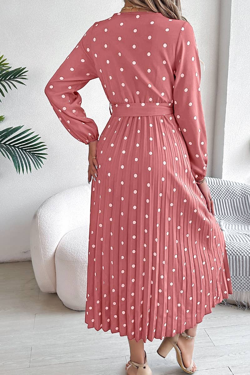 CWDMD3444_POLKA DOT CROSS V-NECK PLEATED DRESS LONG