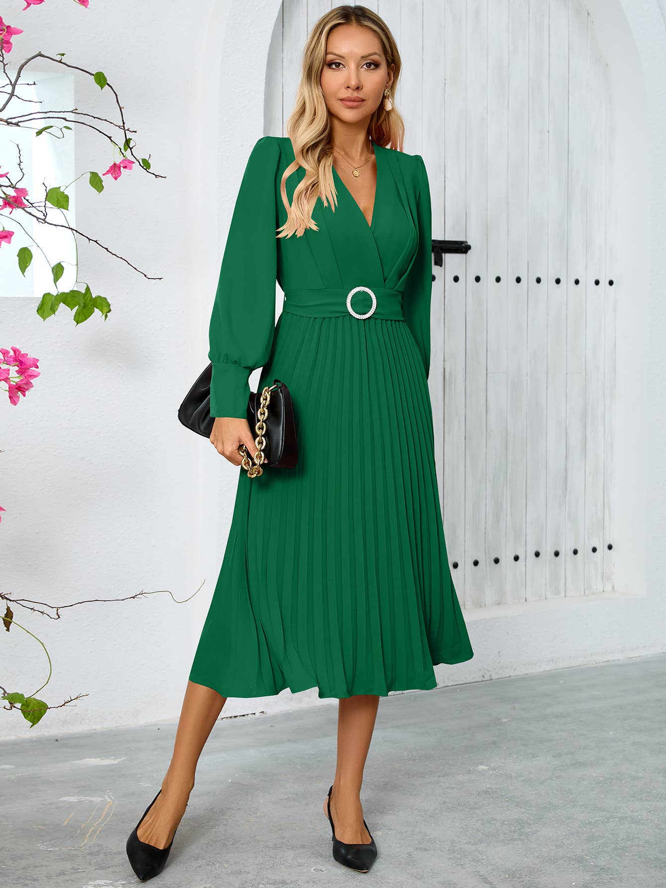 Elegant Pleated V-Neck Long Sleeve Bodycon Dress