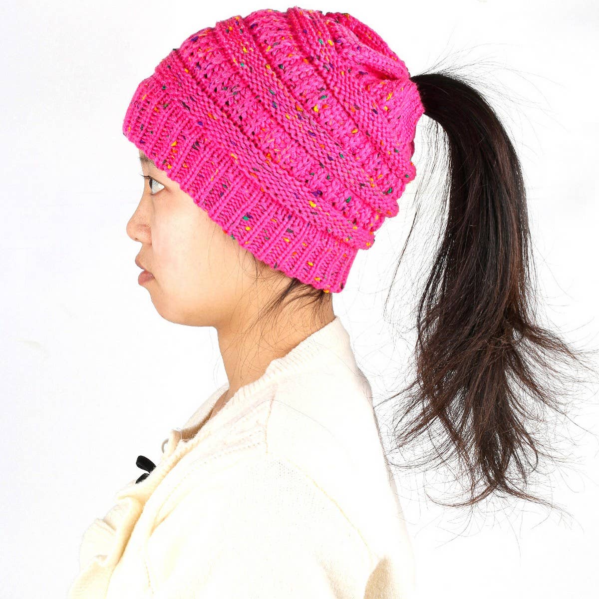 CWAHA07209_WINTER PONYTAIL HAT FASHIONABLE CABLE BEANIE