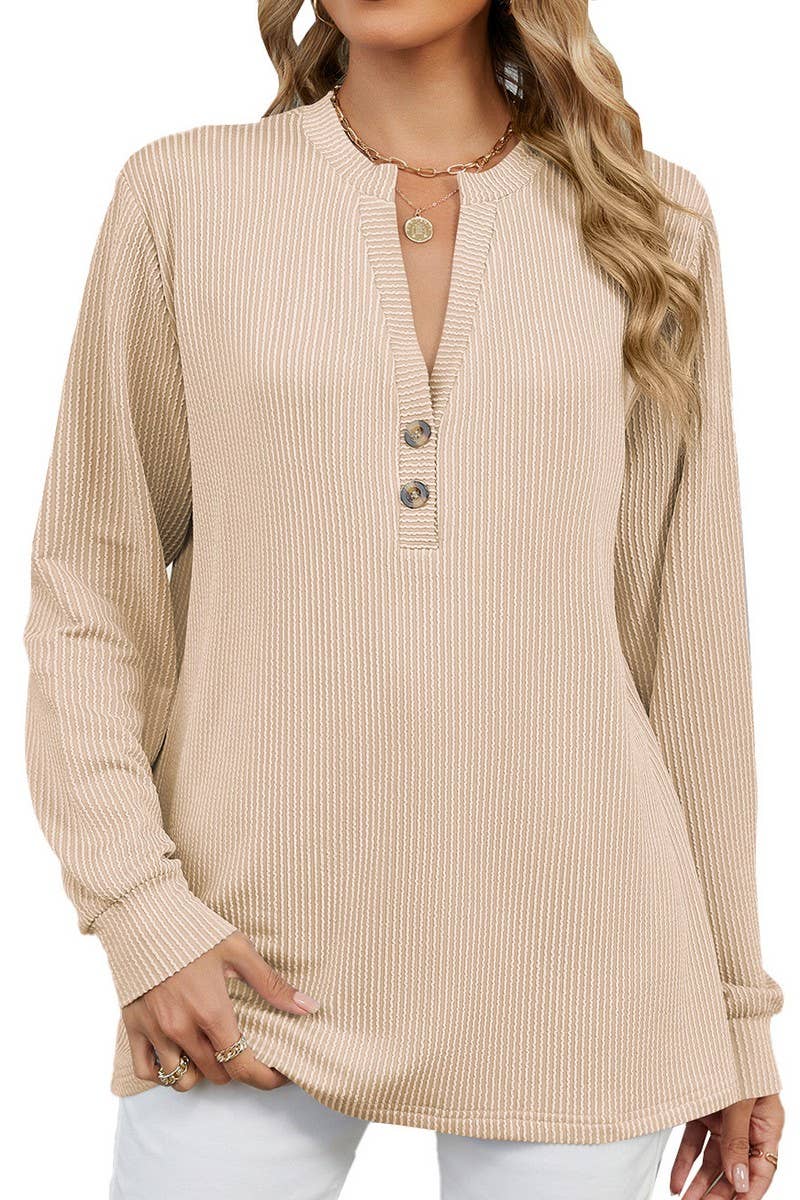 CWTBLL3675_V-NECK BUTTON-DOWN STRIPED WAVY CASUAL TOP
