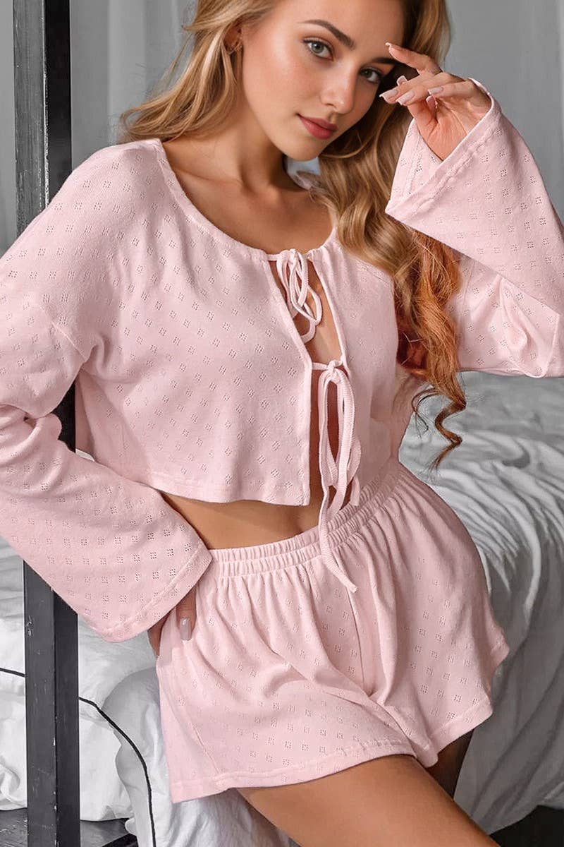 CWSPJ0333_KNITTED JACQUARD LONG SLEEVE SHORTS PAJAMA SET