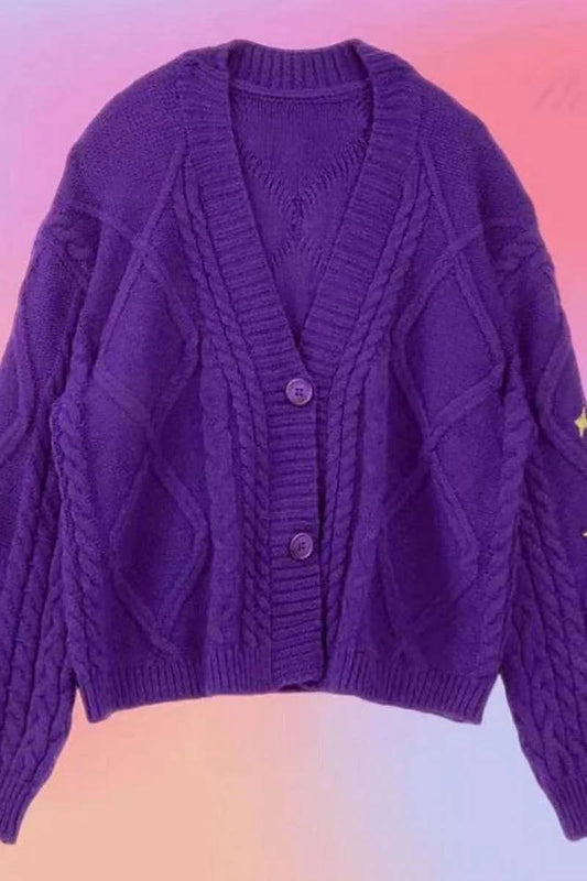 CWOCAL1793_V-NECK STAR EMBROIDERY NEEDLE KNIT CARDIGAN