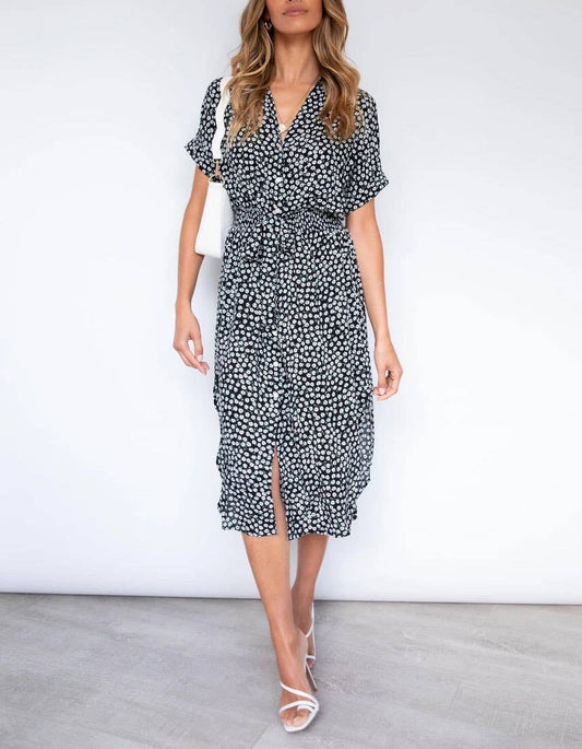 FLORAL PRINT IRREGULAR DRESS WITH LAPEL