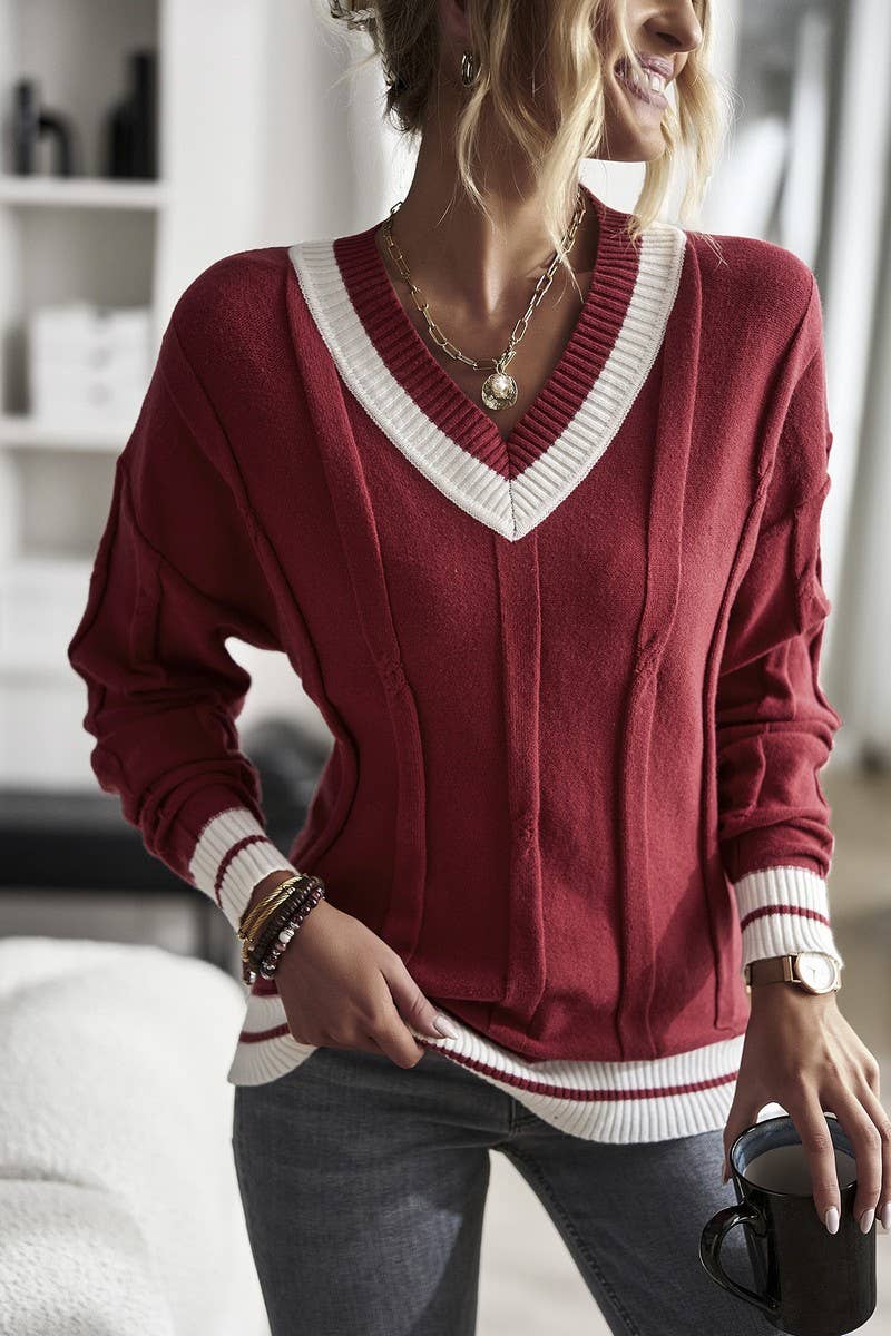 CWOSWL07520_MINIMAL V-NECK COLORBLOCK KNIT SWEATER