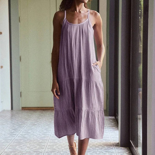 Crepe cotton casual solid color mid-length dress