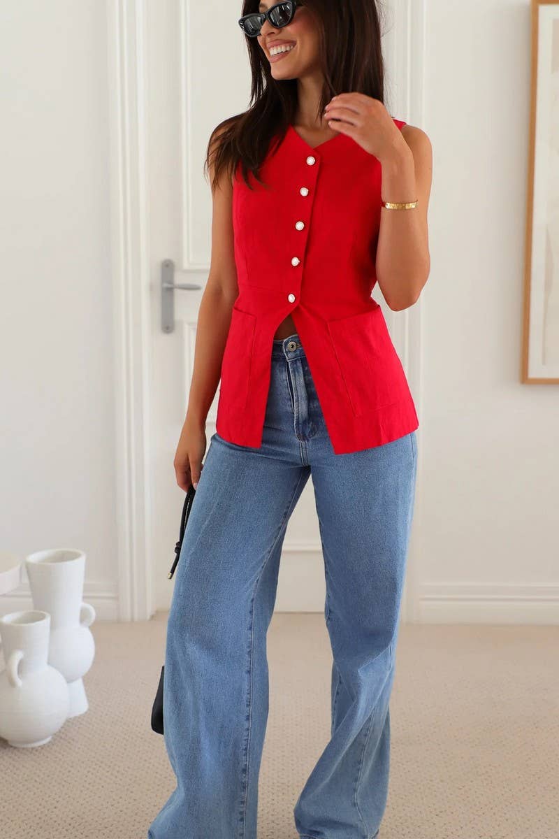 CWTBLSL0852_SOLID V-NECK SLEEVELESS VEST SUMMER TOP