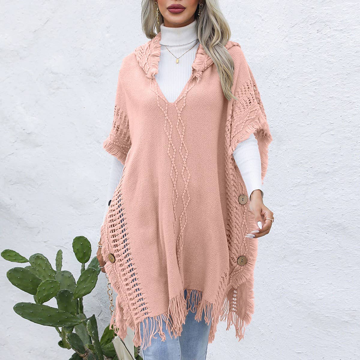 Casual loose V tie hat pullover cape coat