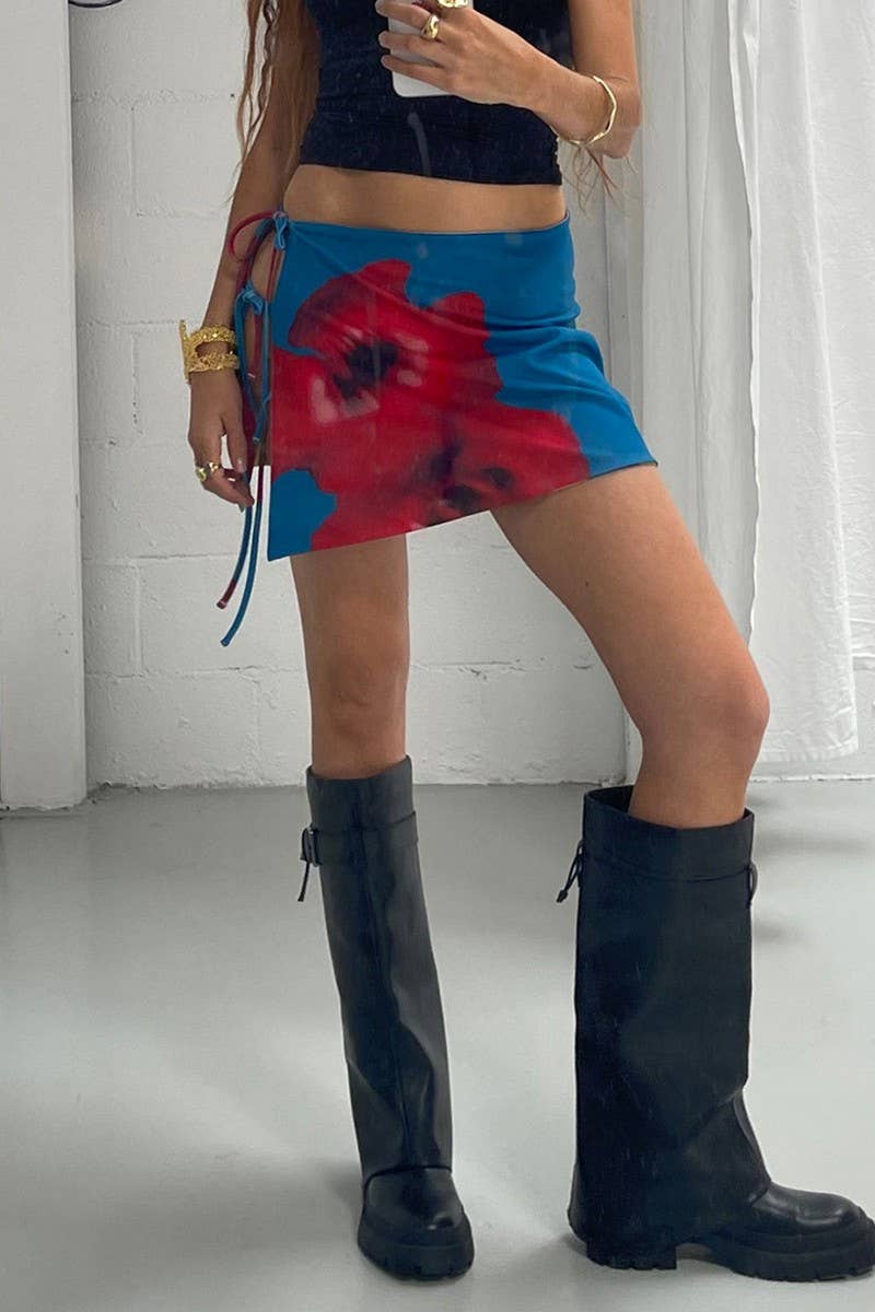 CWBSS0480_SEXY TIE WAIST PRINTED MINI SKIRT