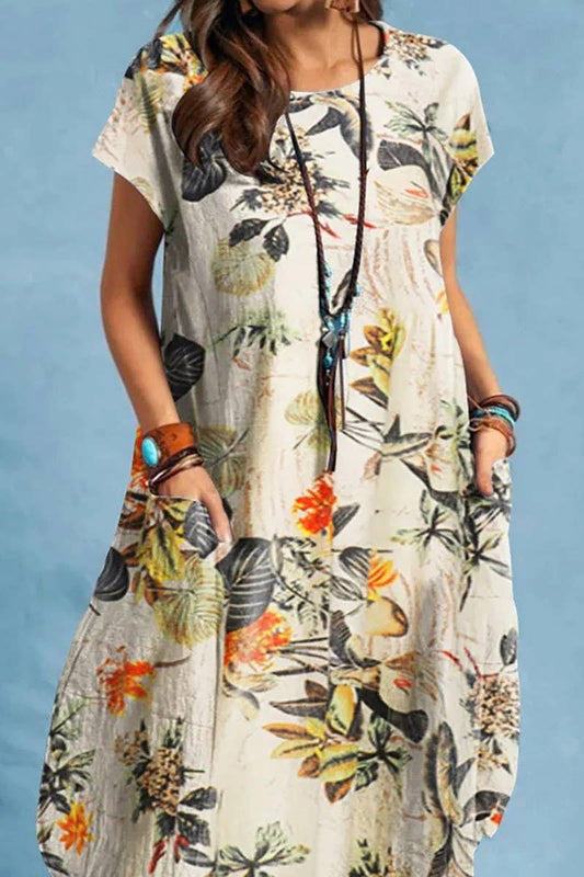 CWDSD8786_FASHION PLANT PRINT ROUND NECK POCKET CASUAL DRESS
