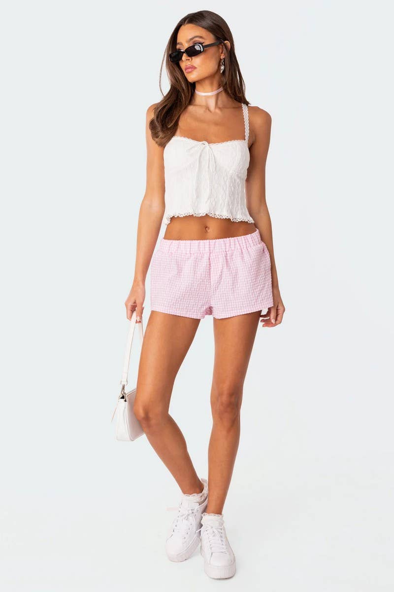 CWBSP0424_ELASTIC WAIST LOOSE PLAID BEACH SHORTS