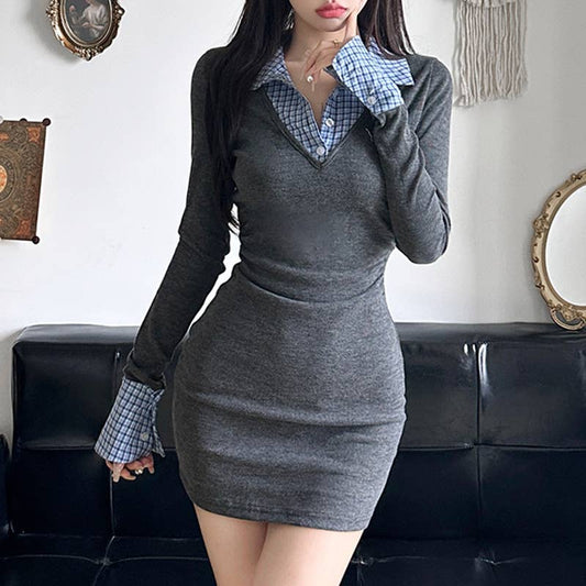College style stitched lapel fake two dresses